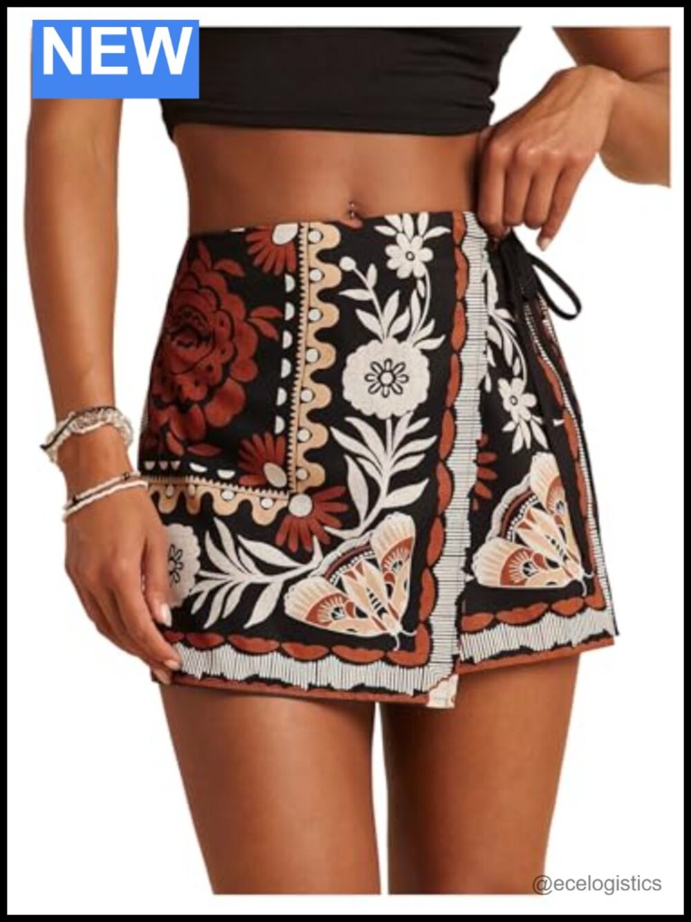 Boho Floral High Rise Skorts with Elastic Waist Self Tie Polyester